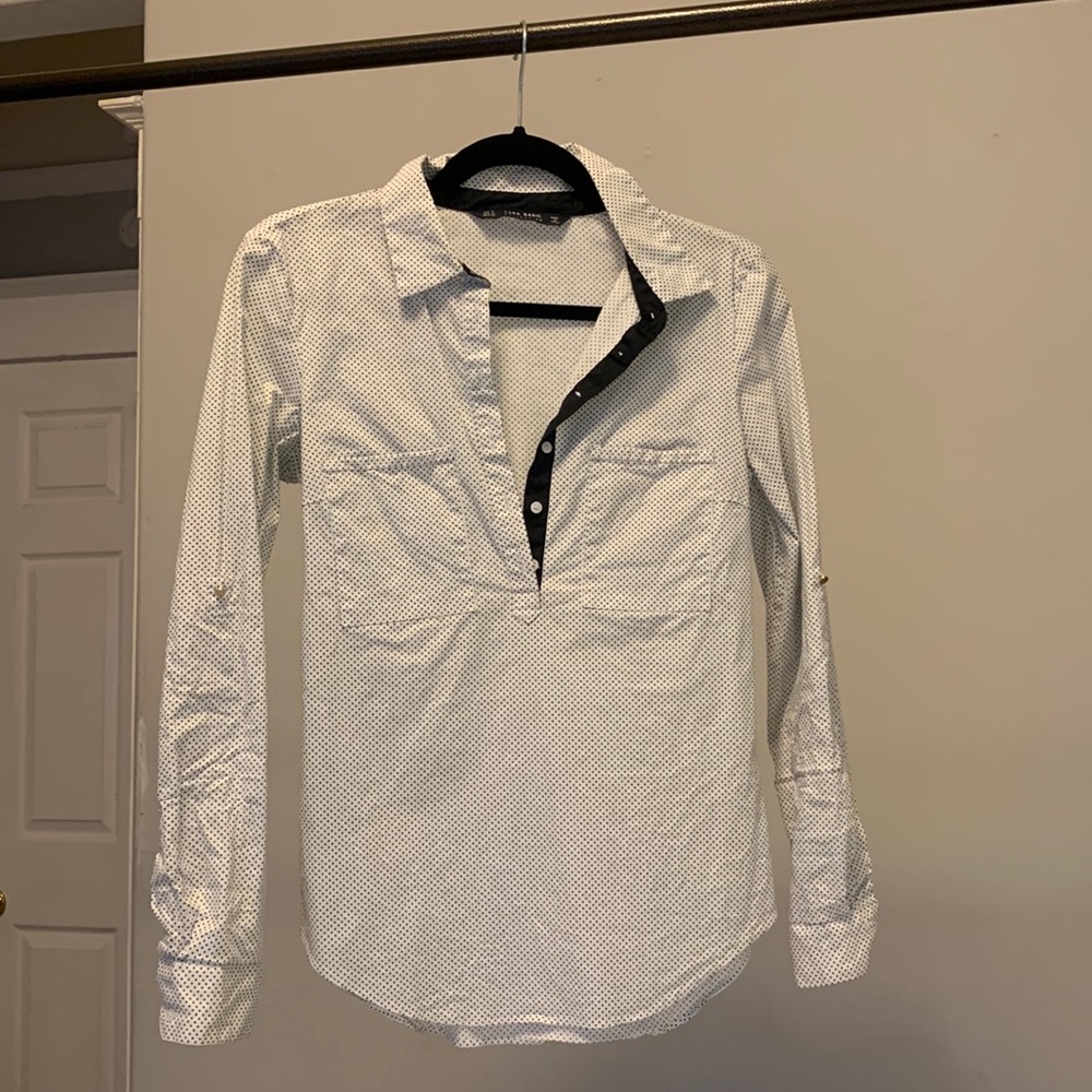 White and black polka dot button up shirt with pocket details, Zara, Size Small